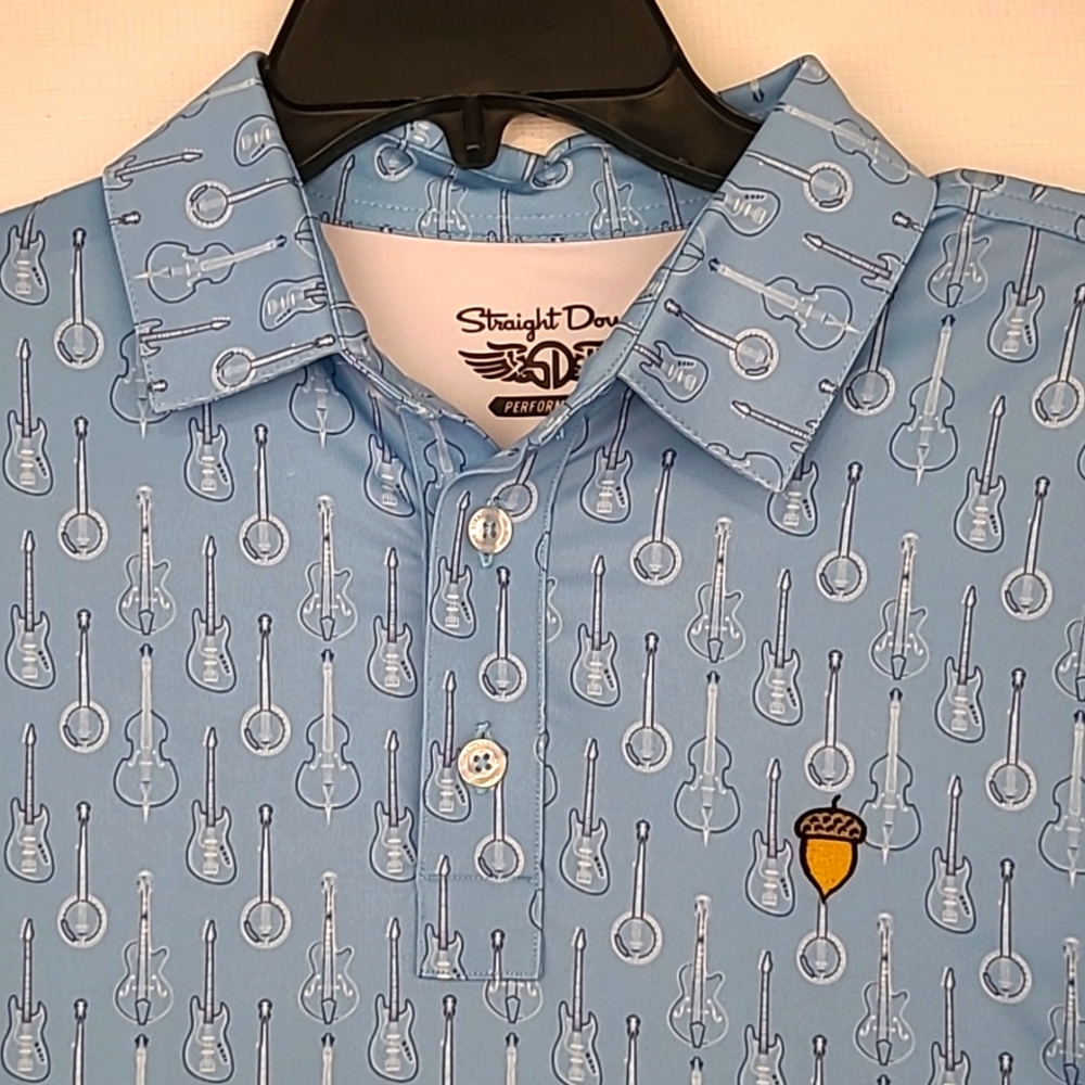 STRAIGHT DOWN Performance Blue Guitars Spanish Oaks Small Mens Golf Polo‎ Shirt